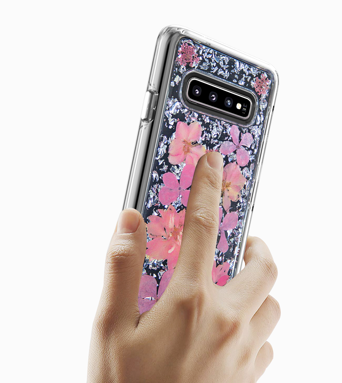 Galaxy S10+ (Plus) Luxury Glitter Dried Natural Flower Petal Clear Hybrid Case (Silver Pink)